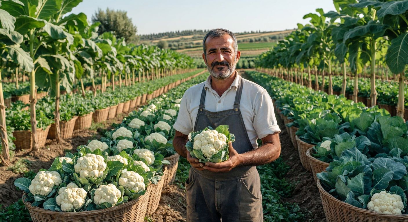 A Turkish farmer in a sunlit field proudly holds a freshly harvested cauliflower, surrounded by rows of lush green plants and baskets overflowing with white florets.