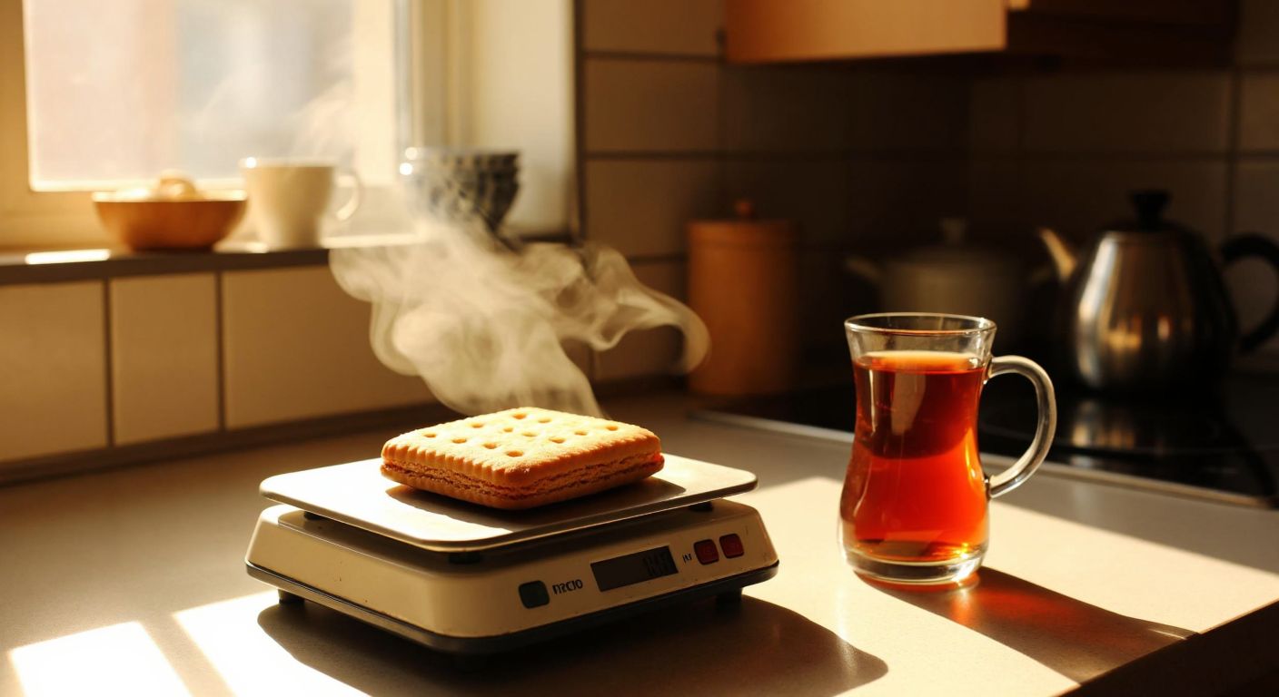 A single golden-brown Pötibör biscuit rests on a small kitchen scale in a sunlit Turkish kitchen, with a glass of çay steaming beside it.