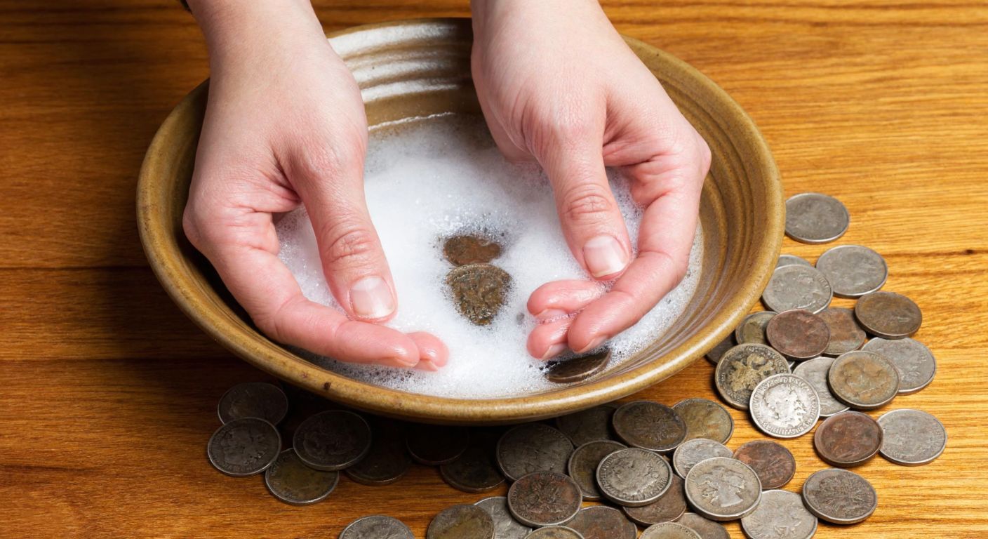 A pair of hands gently scrubbing ancient coins with a soft cloth in a small ceramic bowl filled with soapy water, surrounded by scattered old coins on a wooden table.