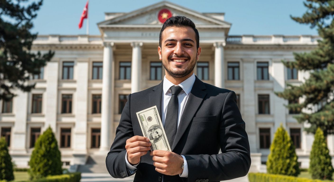 A Turkish office worker in a formal suit smiles while holding a paycheck, standing in front of a government building with a confident posture.