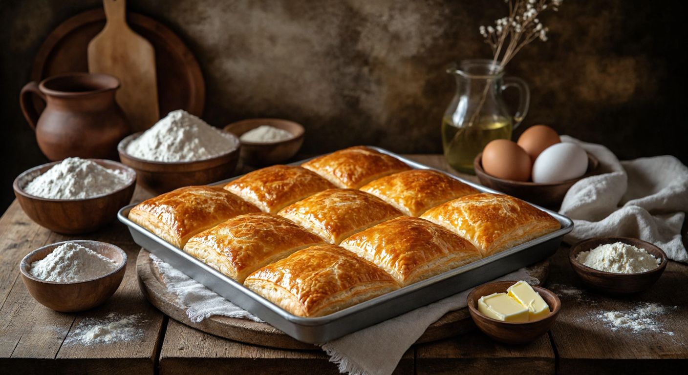 A warm, golden-brown tray of freshly baked Erzurum kete, with flaky layers and a glossy egg-wash sheen, sits on a rustic wooden table surrounded by bowls of ingredients like flour, eggs, and melted butter, evoking the cozy atmosphere of a traditional Turkish kitchen.