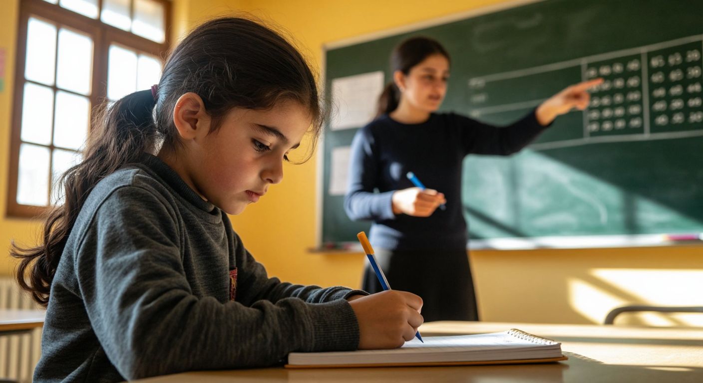 A Turkish middle school student with a focused expression writes decimal numbers on a lined notebook while a teacher points to a place-value chart on a chalkboard in a sunlit classroom.
