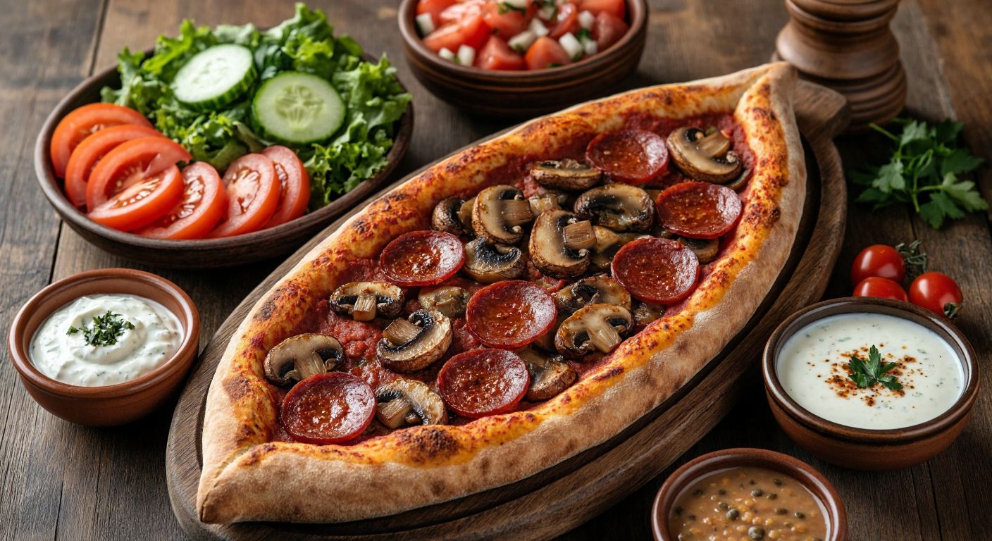 A steaming oval-shaped pide topped with slices of spicy sucuk and mushrooms, surrounded by a fresh green salad with tomatoes and cucumbers, a small bowl of creamy yogurt dip, a warm bowl of lentil soup, and a delicate plate of milk-based sutlac for dessert, all arranged on a rustic wooden table in a cozy Turkish eatery.