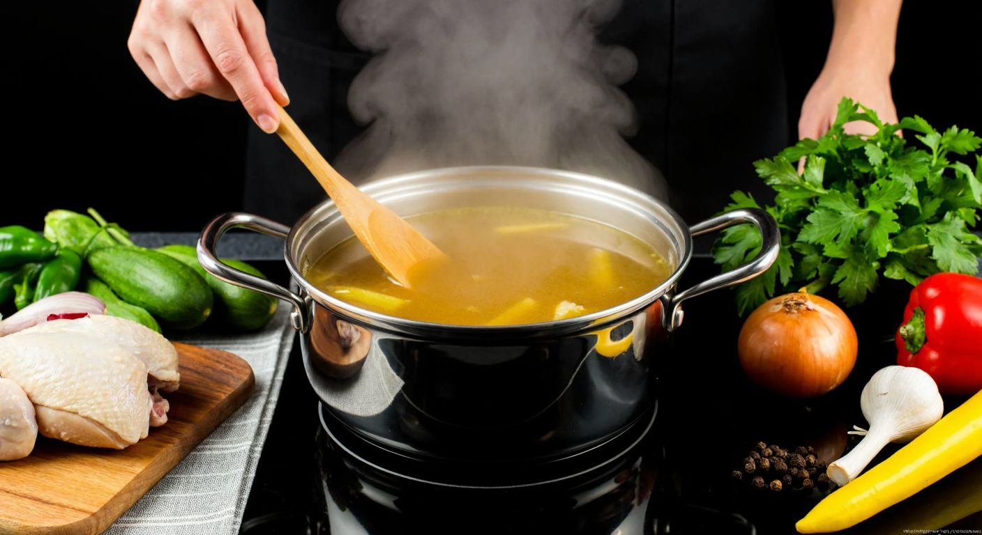 A steaming pot of golden-brown broth simmering on a stove, surrounded by fresh vegetables, chicken bones, and herbs, with a chef’s hand stirring it with a wooden spoon.