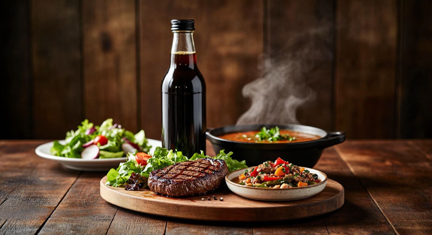 A dark glass bottle of Worcestershire sauce sits on a wooden table beside a sizzling steak, a fresh salad, and a steaming bowl of soup, with a hint of rich aroma rising from the dishes.