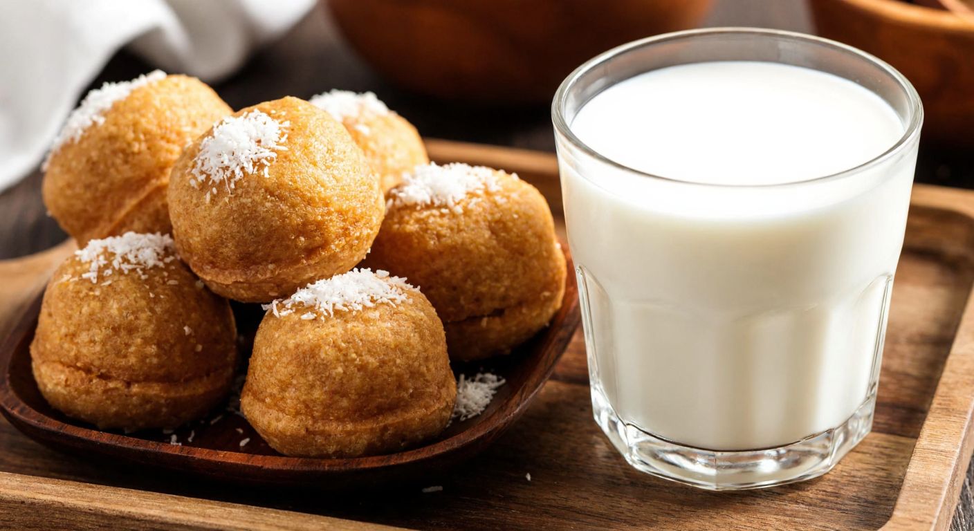 A close-up of golden-brown biscuit balls dusted with coconut flakes, resting on a rustic wooden tray next to a small glass of fresh cow's milk in a cozy Turkish kitchen.