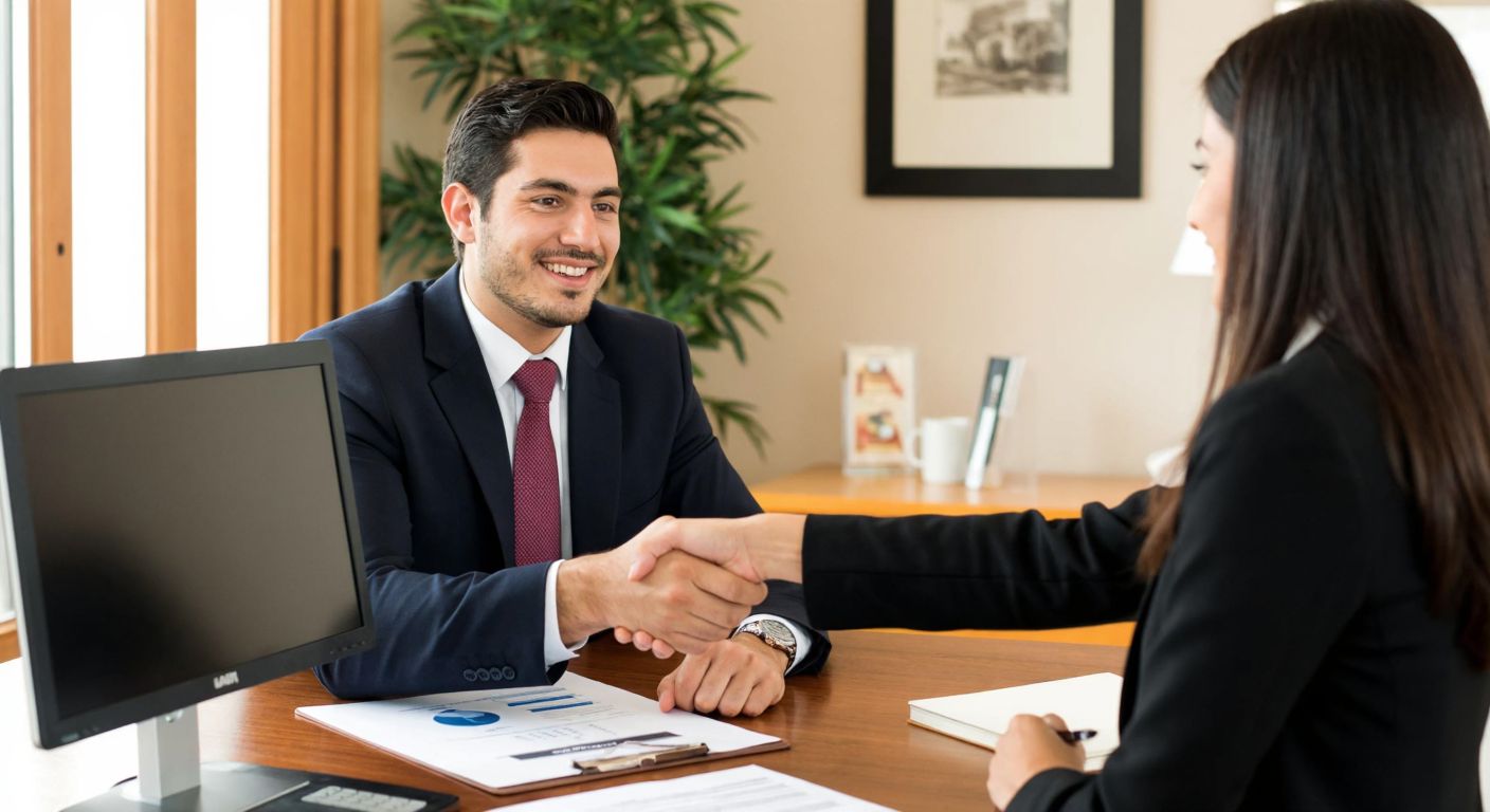 A Turkish actuary in a formal office setting analyzes data on a computer while a smiling insurance agent in a suit shakes hands with a client over a policy document.