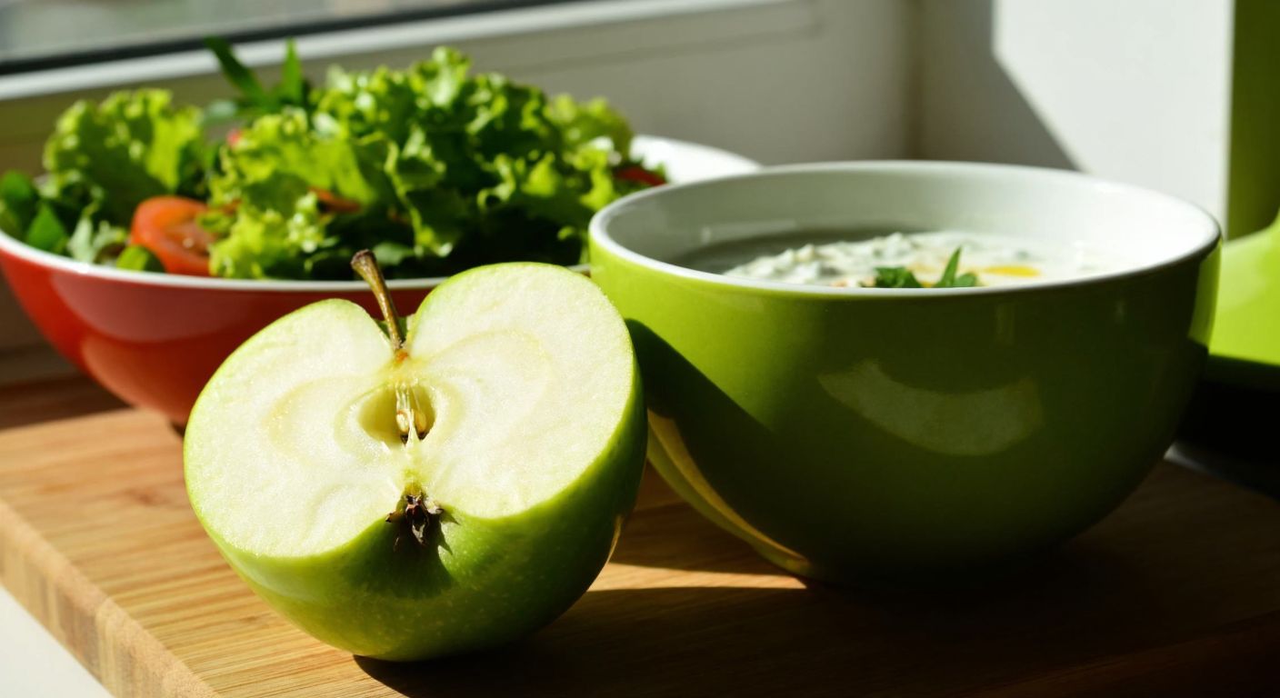 A vibrant green apple sliced on a wooden cutting board beside a bowl of yogurt and a fresh salad, with sunlight streaming through a Turkish kitchen window.