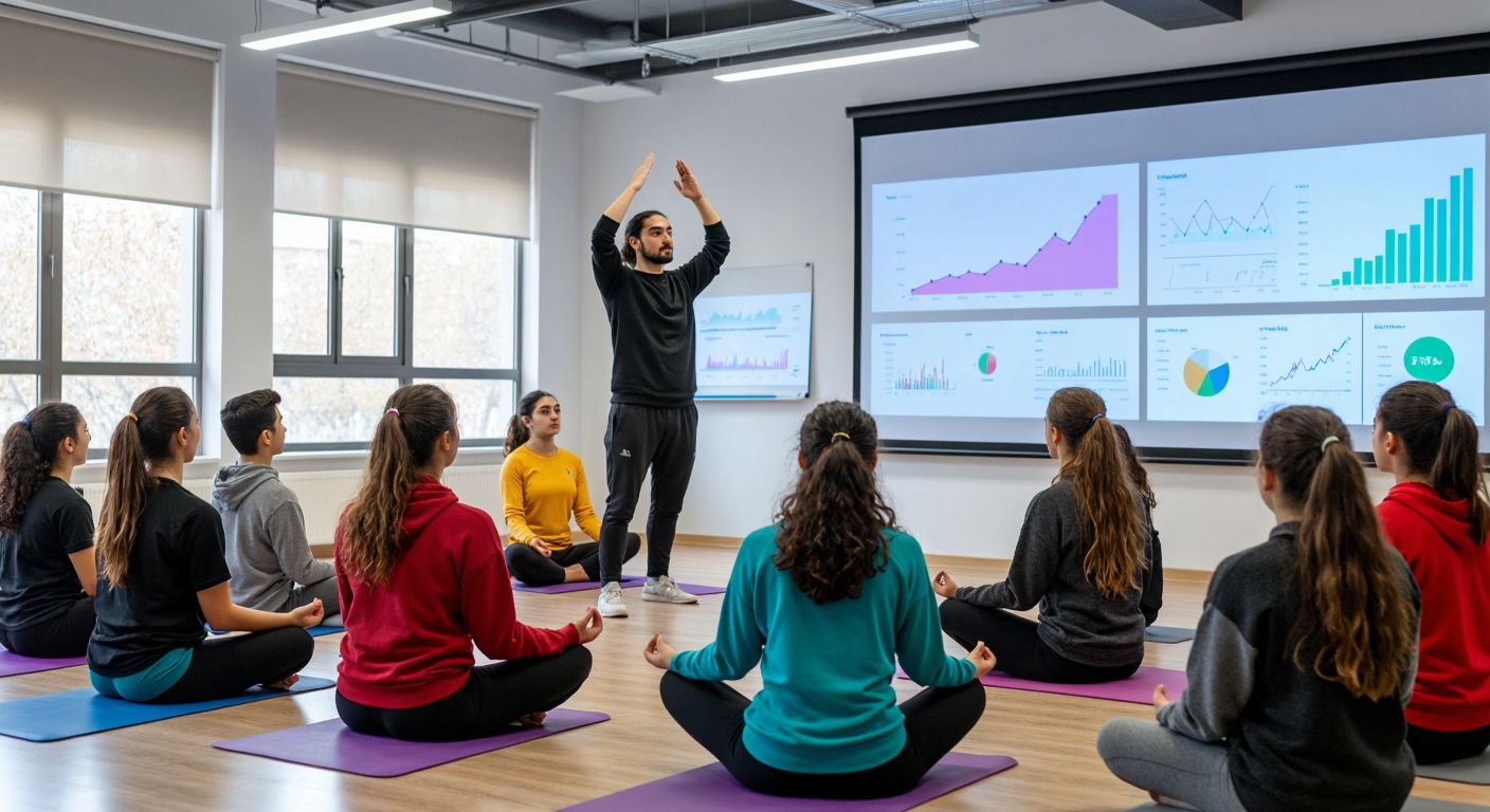 A diverse group of students in a modern Turkish classroom attentively watches an instructor demonstrating yoga poses while another group huddles around lab equipment, with digital marketing charts projected on a wall.