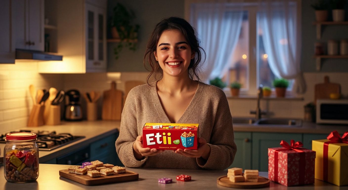 A cheerful Turkish woman in a bright kitchen smiles while holding a colorful Eti snack box, surrounded by playful game elements and gift boxes, with a donation jar glowing warmly in the background.