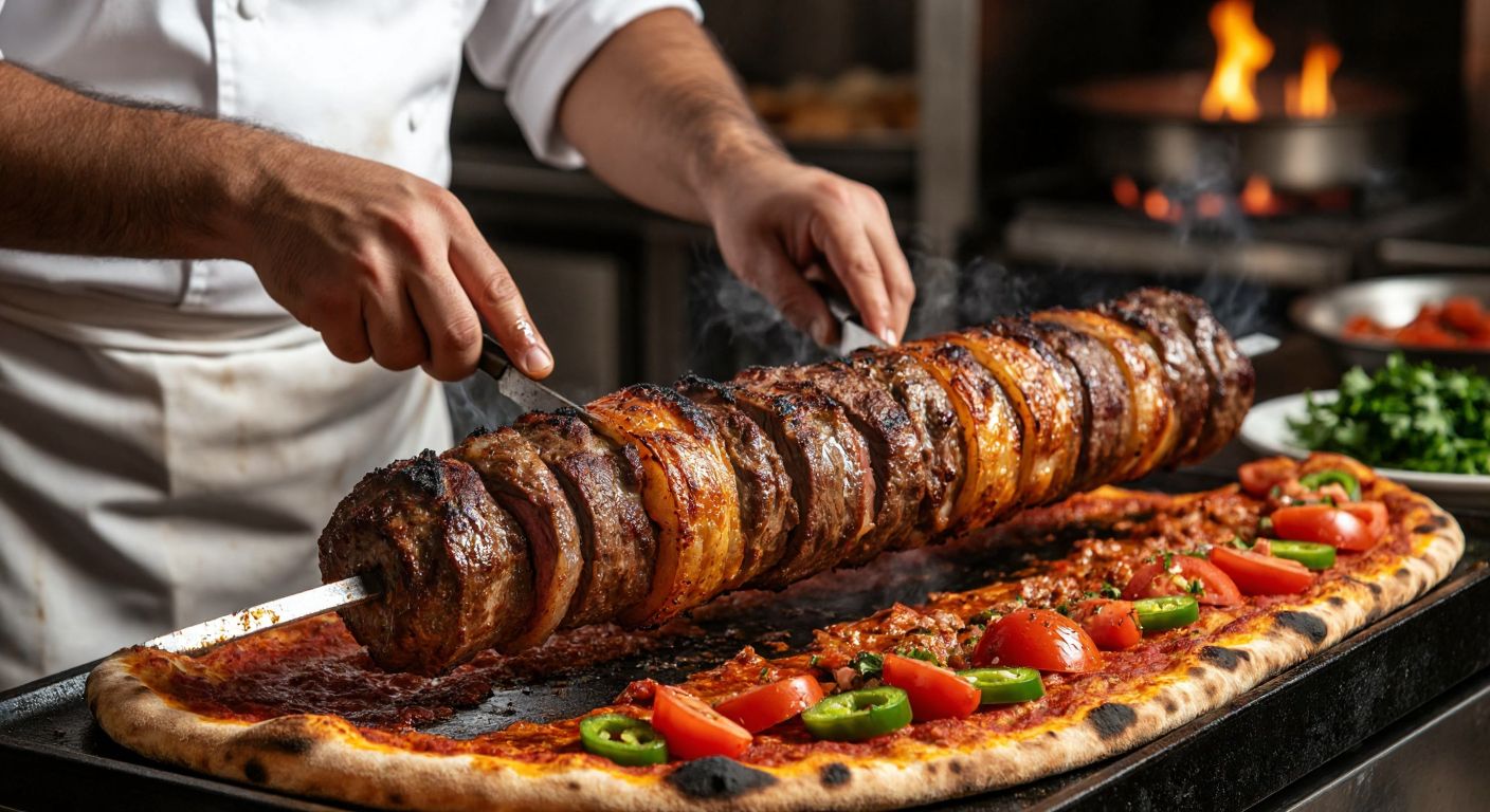 A golden-brown vertical spit of stacked lamb and beef slices, slowly rotating over glowing embers, with a Turkish chef in a white apron slicing thin, juicy pieces onto a warm, freshly baked pide, garnished simply with diced tomatoes, green peppers, and a sprinkle of parsley.