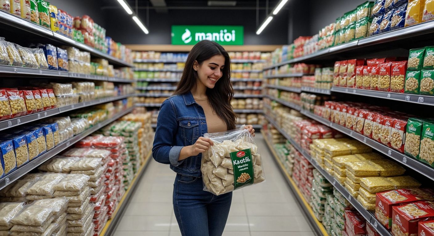 A colorful supermarket aisle in Turkey with neatly stacked packages of *mantı* (Turkish dumplings) from brands like Pastavilla, Kaşık-La, and Etibol, featuring a smiling shopper in casual attire holding a bag of *Kayseri mantısı* while inspecting the products.