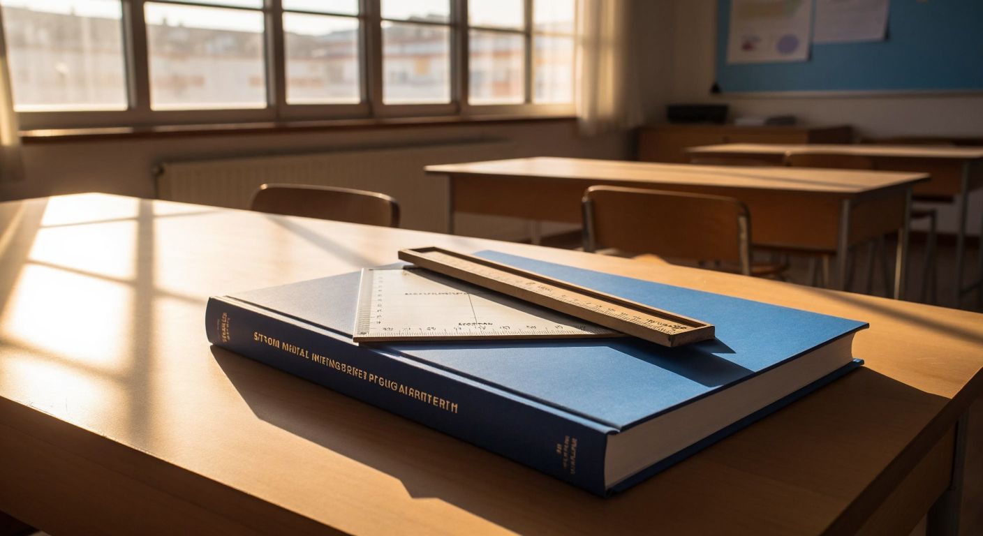 A thick, blue-and-white geometry textbook with a ruler and protractor resting on top, placed on a wooden desk in a sunlit Turkish classroom.