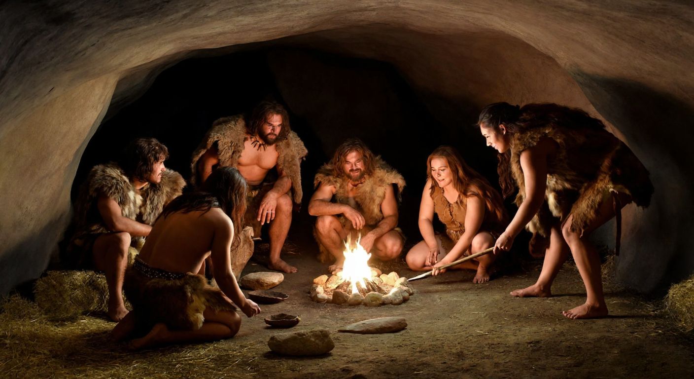 A group of fur-clad Paleolithic people huddling around a small fire inside a dimly lit cave, with a hunter returning with a freshly caught animal while others craft stone tools nearby.