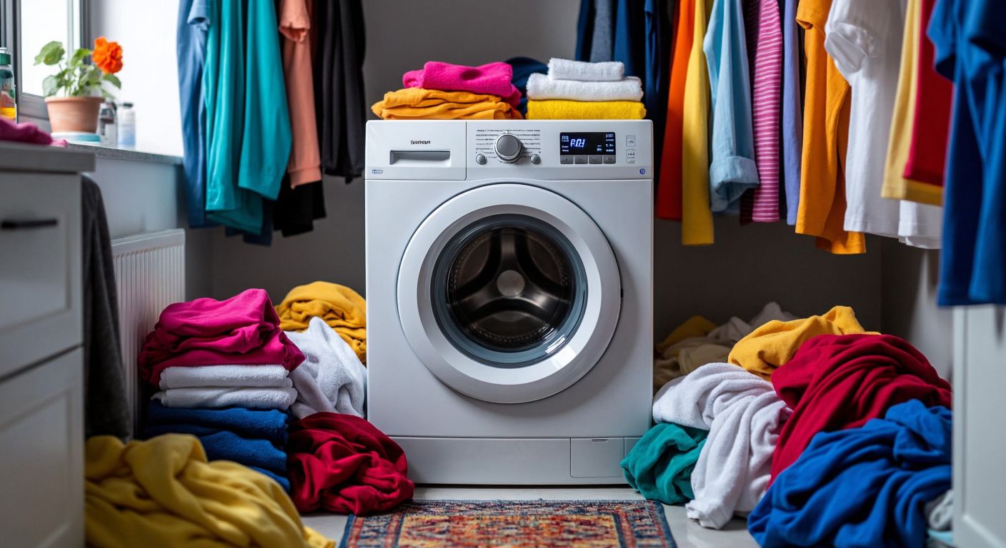 A modern white washing machine in a bright Turkish laundry room, surrounded by colorful piles of clothes, with a digital timer (without numbers) glowing faintly on its control panel.