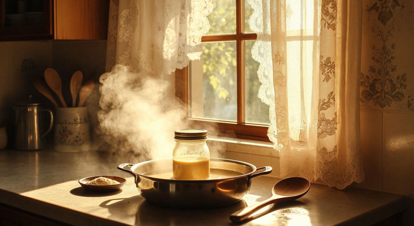A warm Turkish kitchen with a glass jar of tahini submerged halfway in a pot of steaming water, a wooden spoon resting beside it, and golden sunlight streaming through a lace-curtained window.