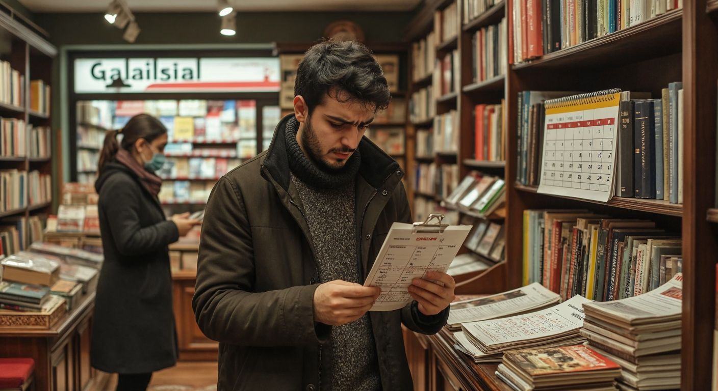 A frustrated customer in a Turkish bookstore holds a return receipt while looking at a calendar with a circled date far in the future, as a clerk behind the counter shrugs apologetically.