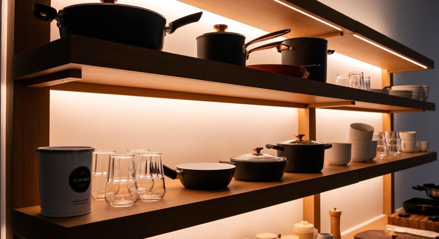 A sleek, modern kitchen display with glassware and cookware neatly arranged on wooden shelves, bathed in warm light, evoking a cozy yet sophisticated Turkish home setting.