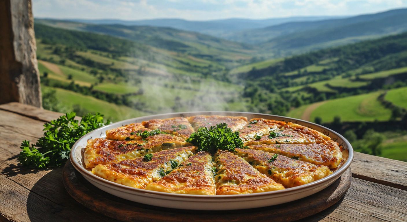 A steaming plate of golden-brown dönderme, garnished with fresh parsley, sits on a rustic wooden table with rolling green hills of Yozgat or Kırşehir visible through a sunlit window.