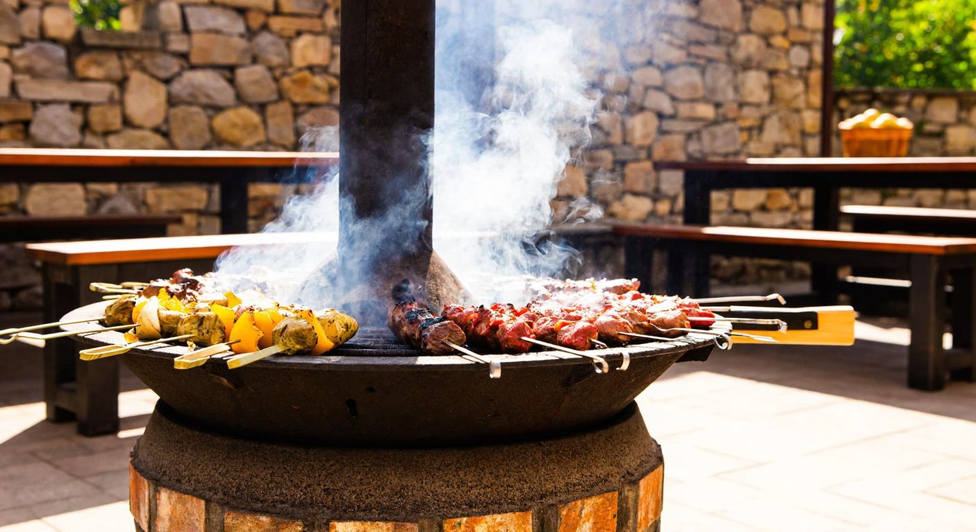 A traditional Turkish charcoal grill with a chimney pipe releasing smoke into the air, surrounded by skewered meats and vegetables cooking over glowing embers, set in a cozy outdoor courtyard with stone walls and wooden benches.