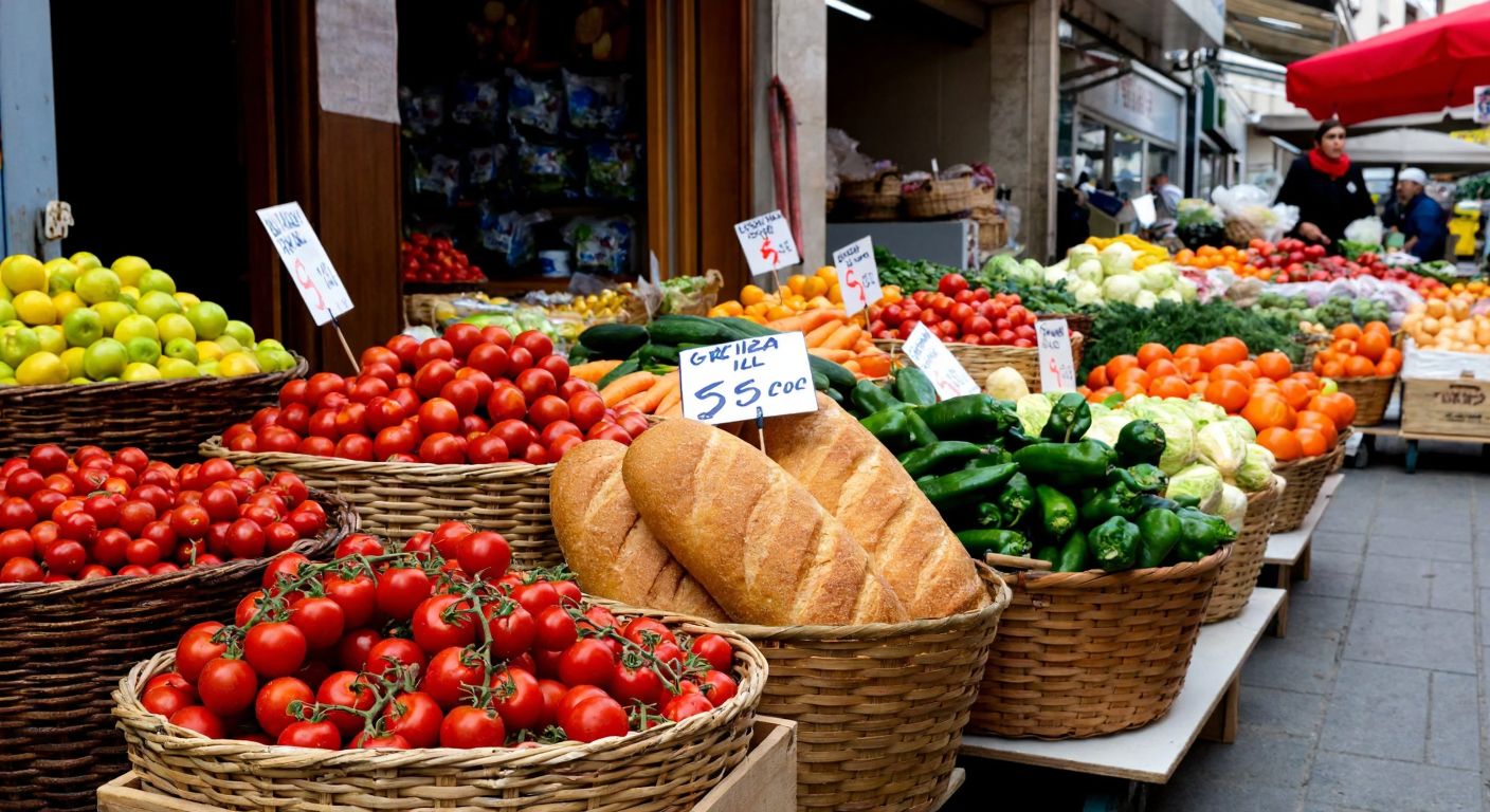A Turkish market scene with overflowing baskets of fresh produce next to a single loaf of bread whose price tag visibly dwarfs the rest, illustrating the contrast between general inflation and specific price hikes.