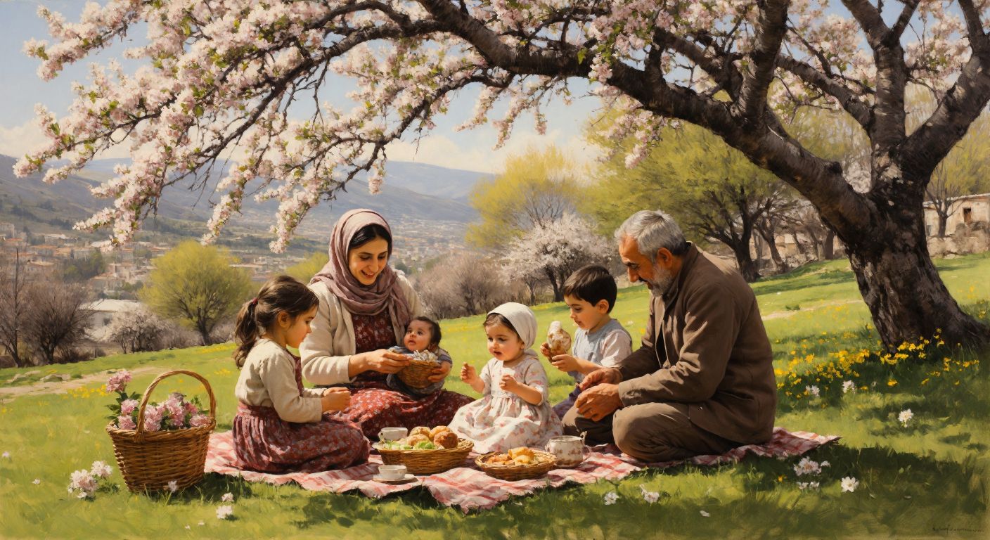 A Turkish family picnicking under a blossoming tree, with children playing, elders sharing stories, and a baby taking its first steps, embodying the stages of physical, emotional, and social development.