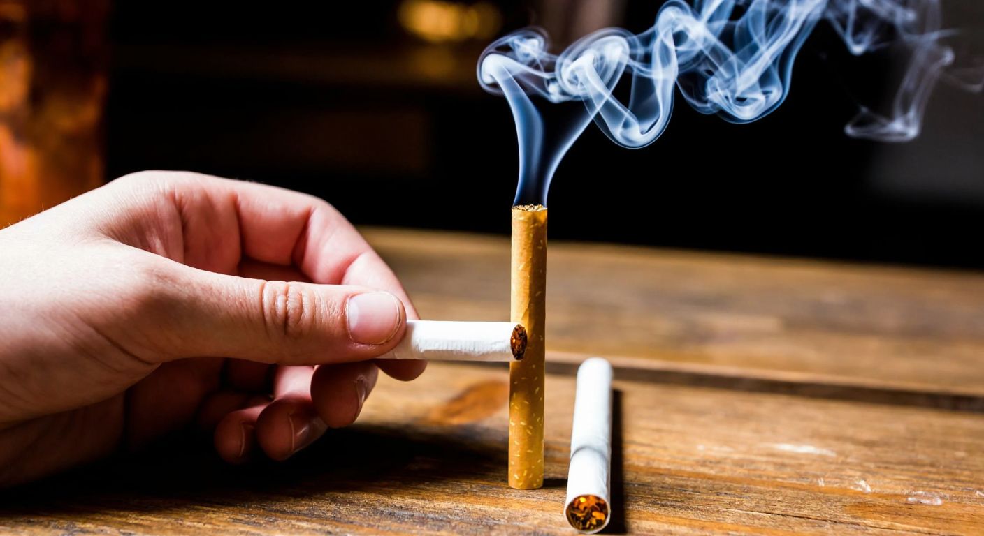 A close-up of a hand holding a slender, unfilled *makaron* (empty cigarette tube) beside a lit cigarette, with wisps of smoke curling from the burning tip, against a rustic wooden table in a dimly lit Turkish café.