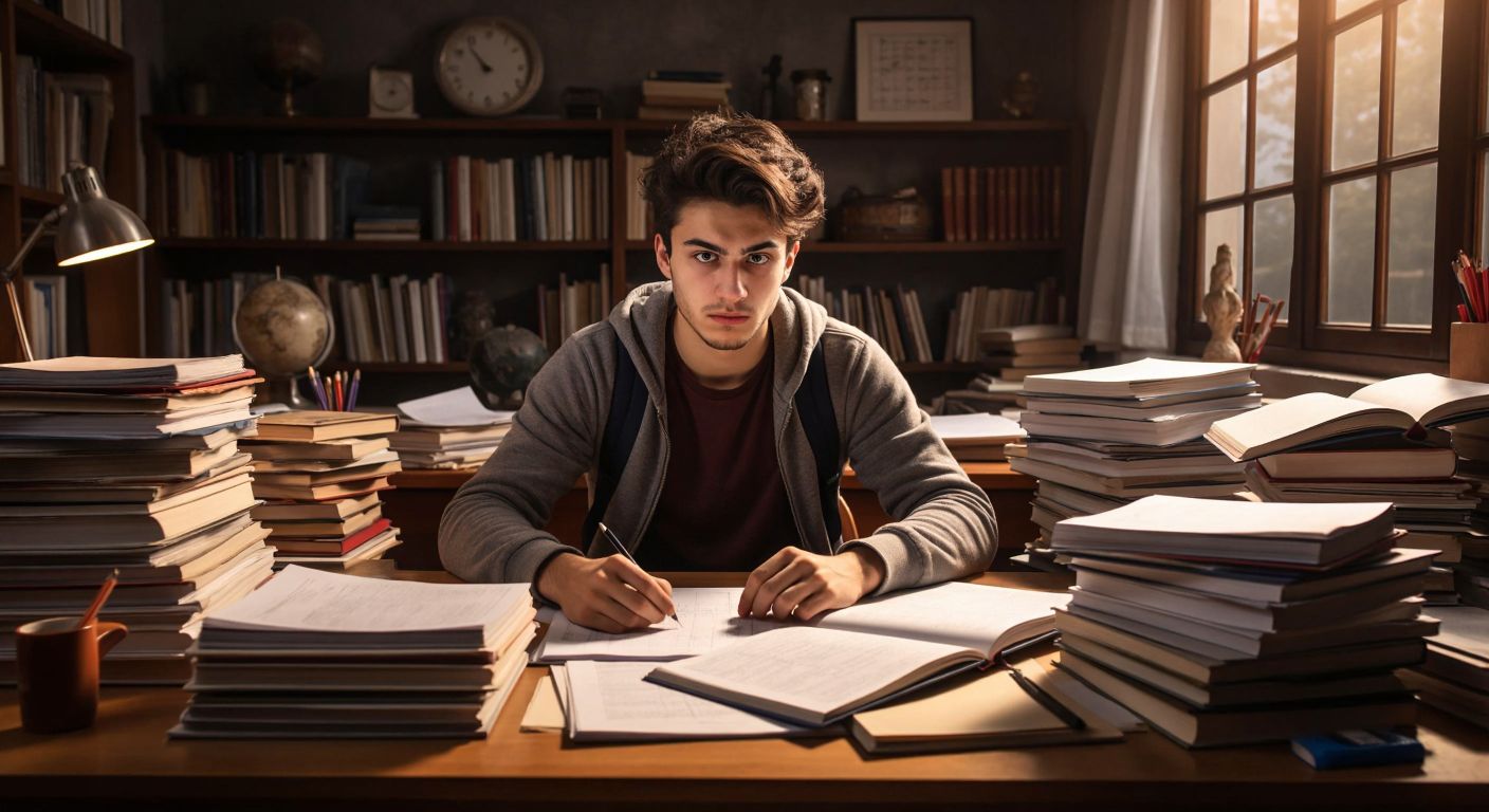 A focused Turkish student sits at a wooden desk, surrounded by stacks of past LYS exam papers and open math books, with a determined expression while solving a calculus problem.