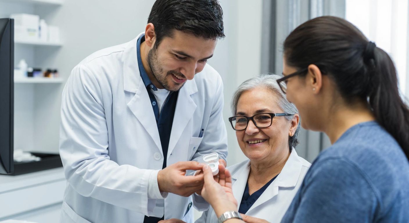 A Turkish optometrist in a white coat gently places a pair of contact lenses into a small case while a smiling elderly patient with glasses waits nearby in a bright clinic.