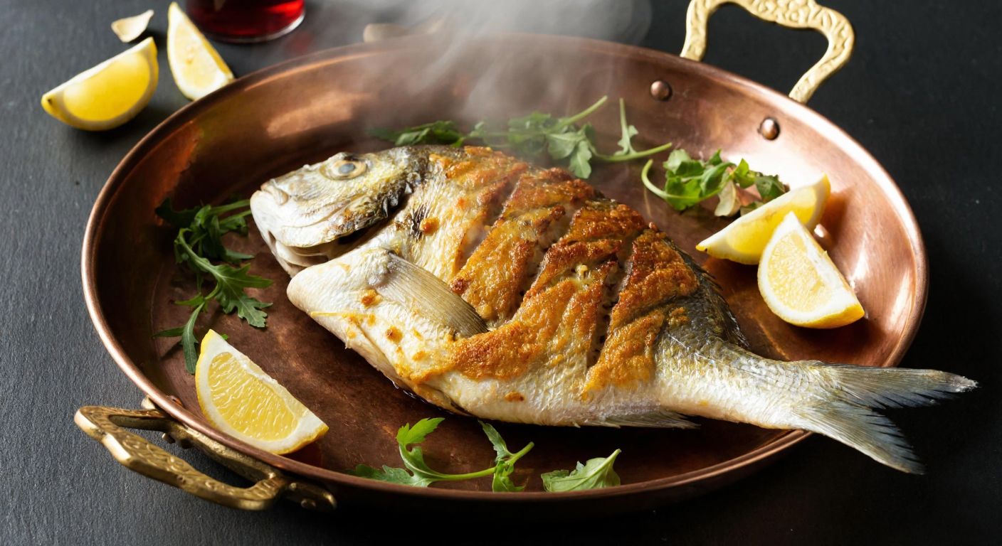 A freshly caught brama fish sizzling in a golden-brown crust on a traditional Turkish copper pan, surrounded by lemon wedges and fresh herbs, with steam rising from the dish.