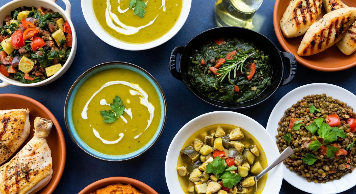 A vibrant Turkish kitchen table laden with colorful dishes like zucchini soup, olive oil-drizzled artichokes, spinach stew, grilled chicken with rosemary, and a fresh lentil salad, evoking warmth and nourishment.
