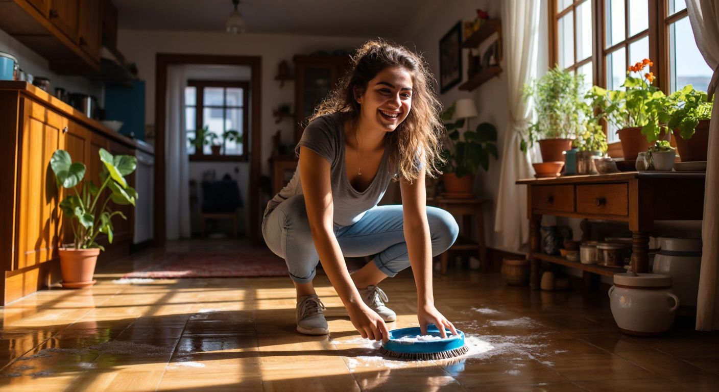A young woman in a cozy Turkish home energetically scrubbing a floor while simultaneously performing squats, with a bright, motivational expression on her face.