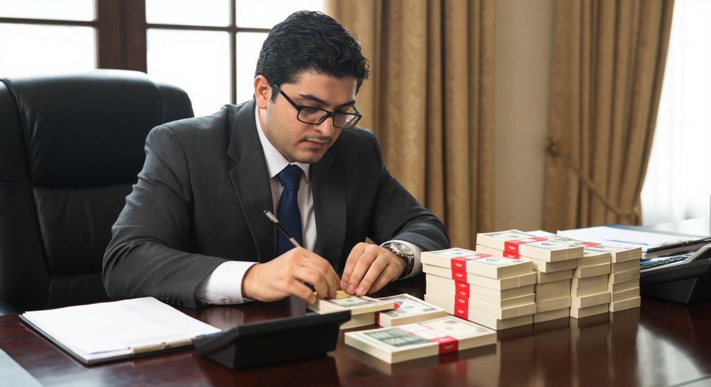 A Turkish accountant in a formal office setting, wearing glasses and a suit, meticulously organizing stacks of cash and boxes of goods on a wooden desk, with a calculator and ledger nearby, reflecting the financial and logistical aspects of sales bonuses.