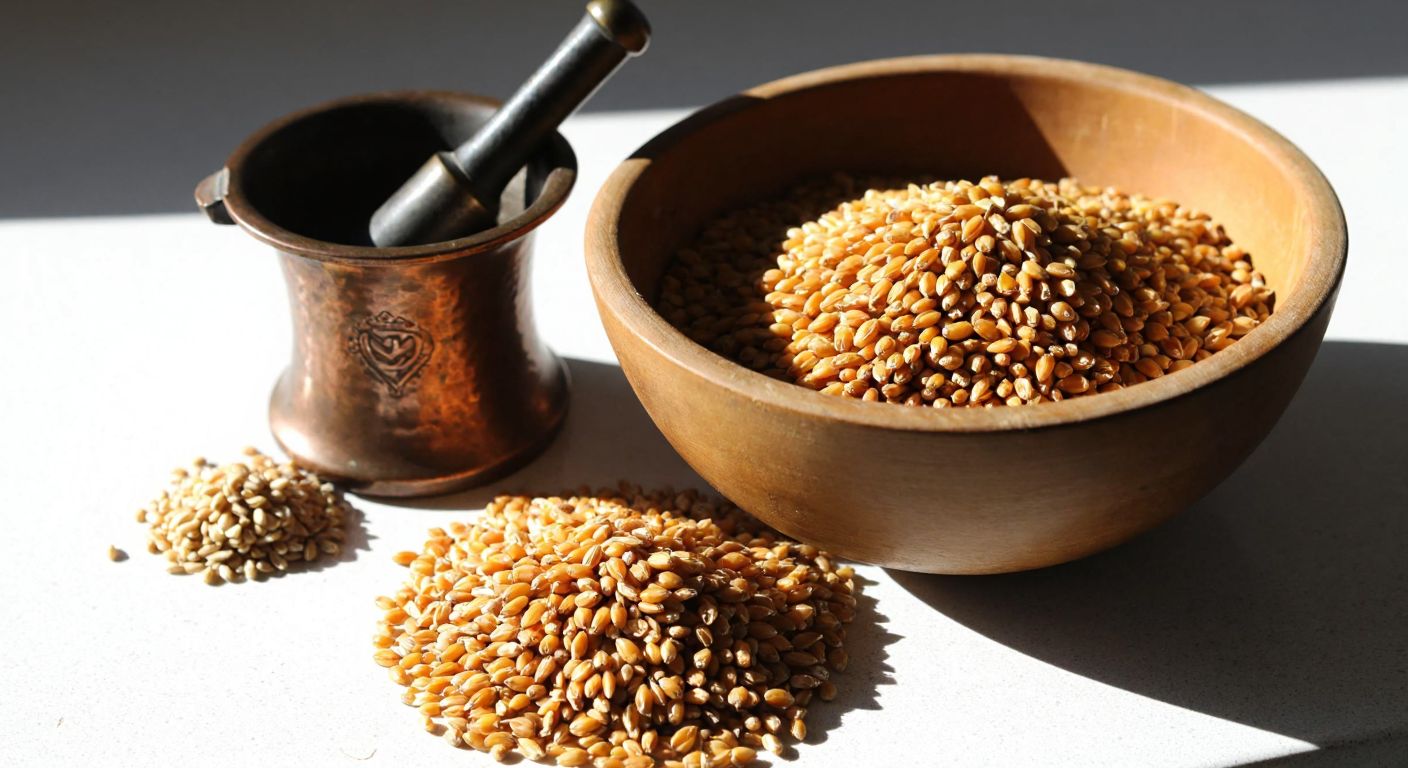 A rustic wooden bowl filled with golden-brown roasted wheat kernels (kavurga) next to a small pile of raw aşurelik buğday grains on a sunlit kitchen counter in Turkey, with a traditional copper mortar and pestle nearby.