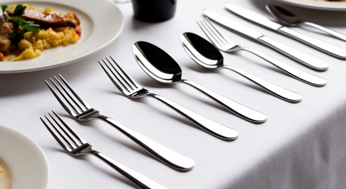 A polished stainless steel cutlery set with elegant forks, knives, and spoons arranged neatly on a white linen tablecloth in a well-lit Turkish dining room.