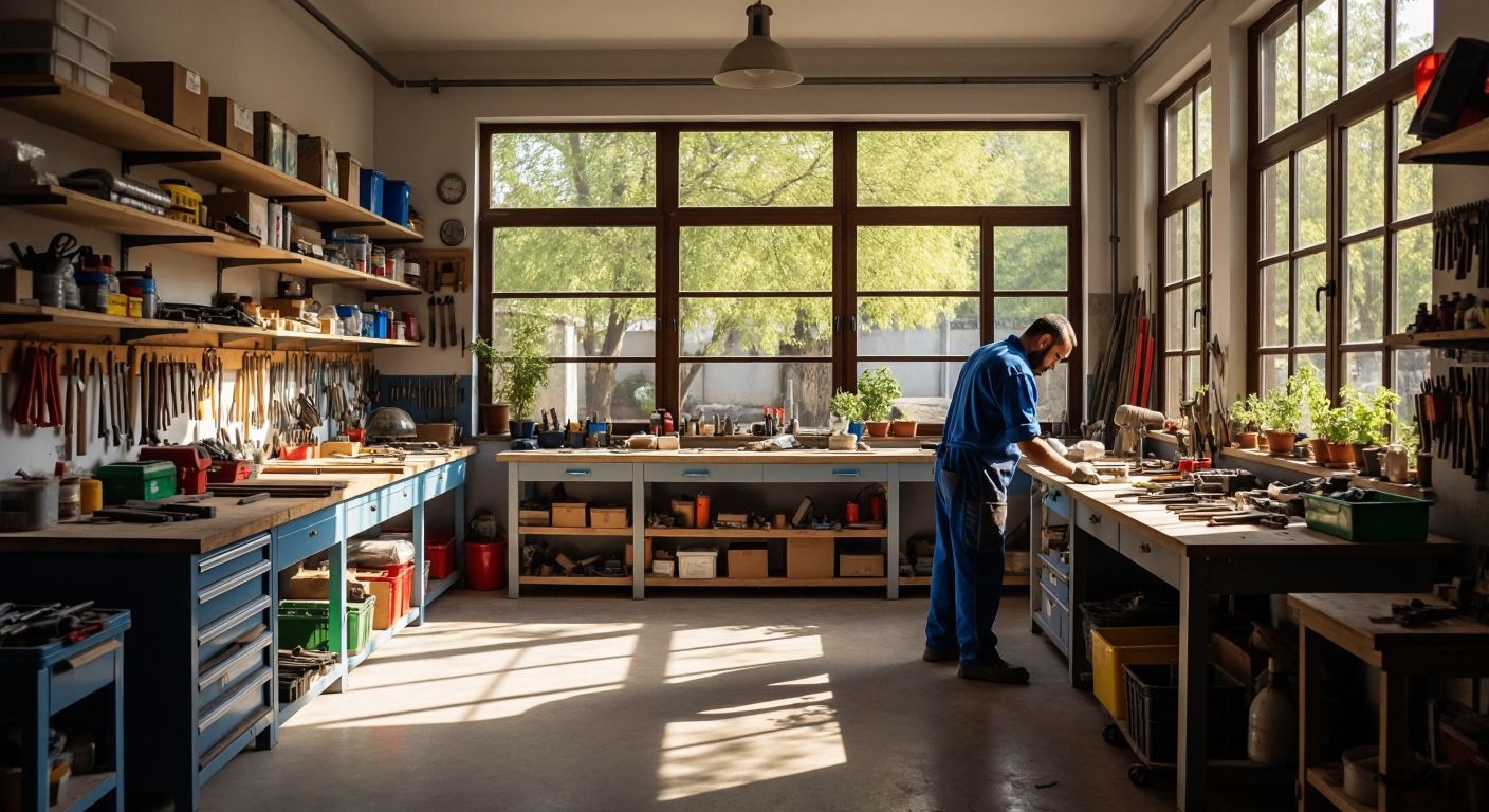 A well-organized Turkish workshop with neatly arranged tools on clean shelves, a worker in a blue uniform wiping a spotless workbench, and sunlight streaming through open windows onto freshly swept floors.