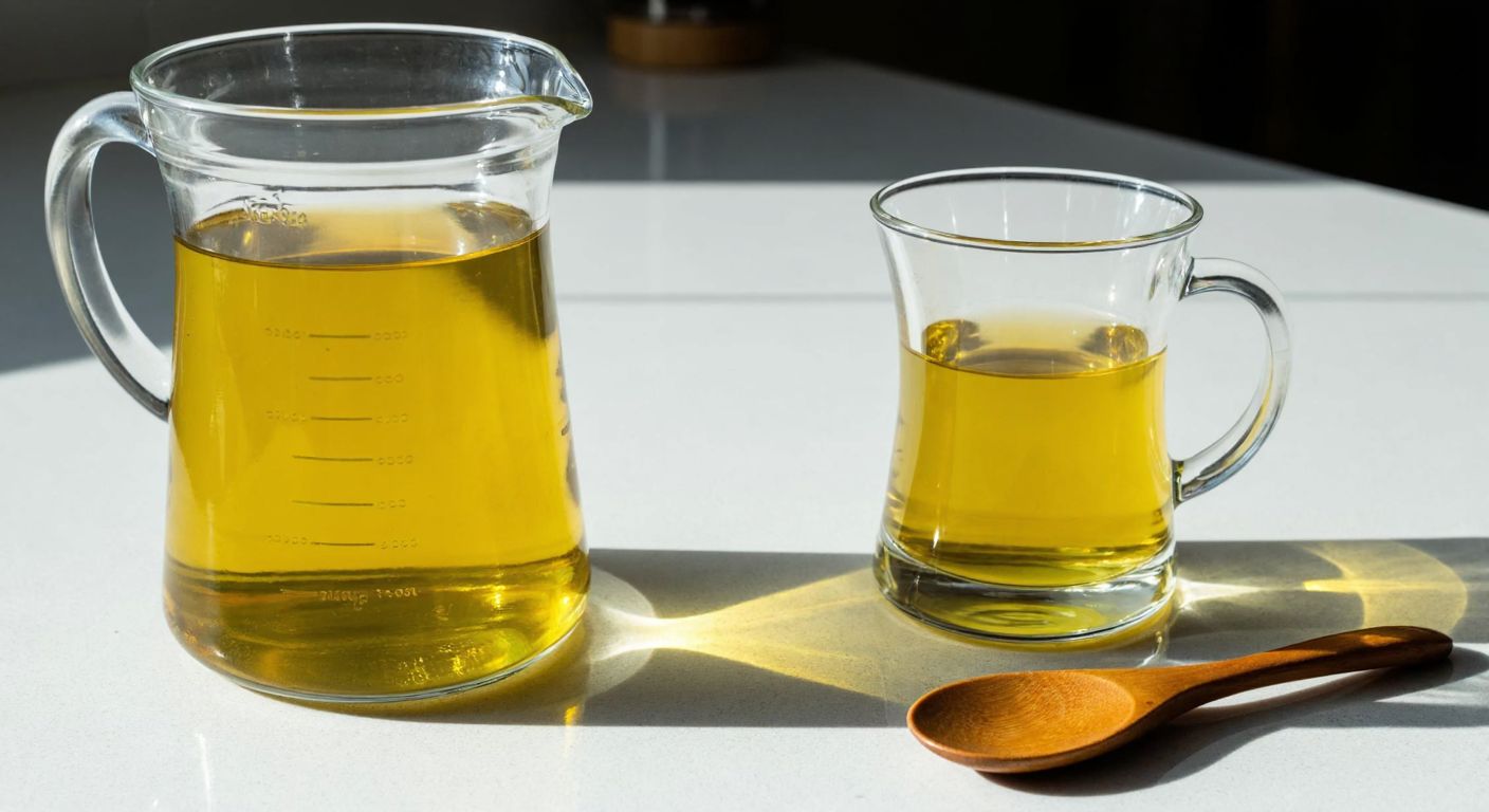 A clear glass measuring cup filled with golden liquid oil, placed on a sunlit kitchen counter next to a traditional Turkish tea glass for scale, with a wooden spoon resting beside it.
