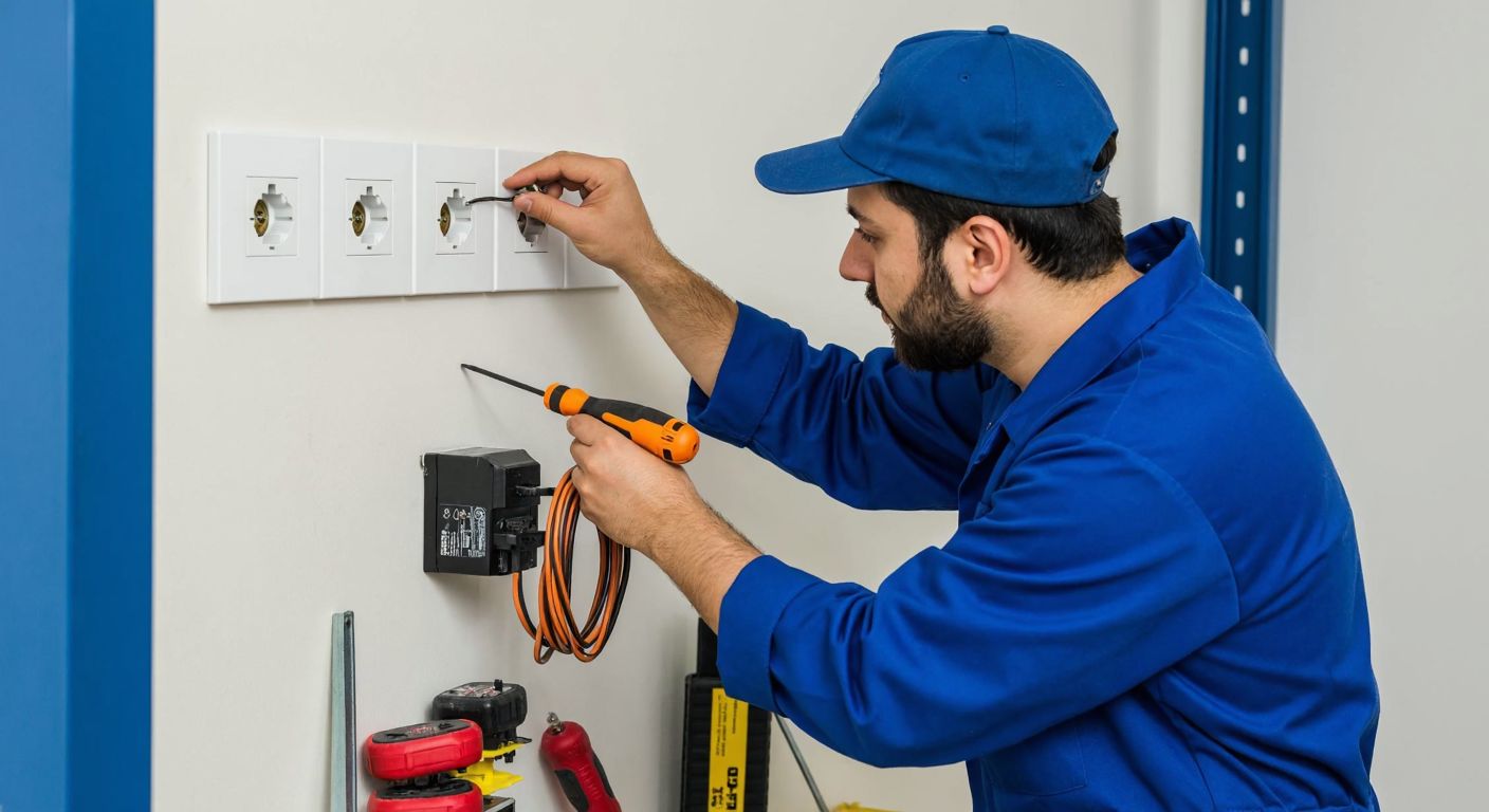 A Turkish electrician in a blue work uniform carefully secures a quadruple switch frame onto a white wall with a screwdriver, surrounded by scattered tools and electrical components.