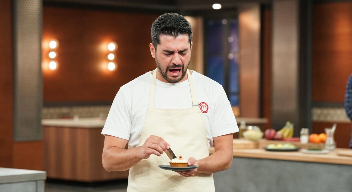 A distressed Turkish chef in a white apron stands in a brightly lit MasterChef kitchen, holding a dessert with a visible piece of cling film sticking out, while shocked judges and contestants watch in disbelief.