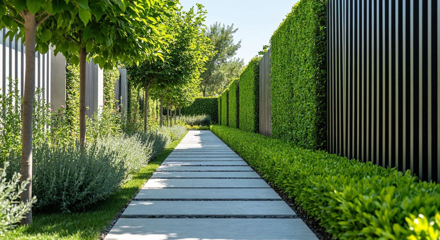 A sunlit Turkish garden split down the middle, with a sturdy metal panel fence on one side and a lush green decorative hedge on the other, reflecting the choice between durability and aesthetics.