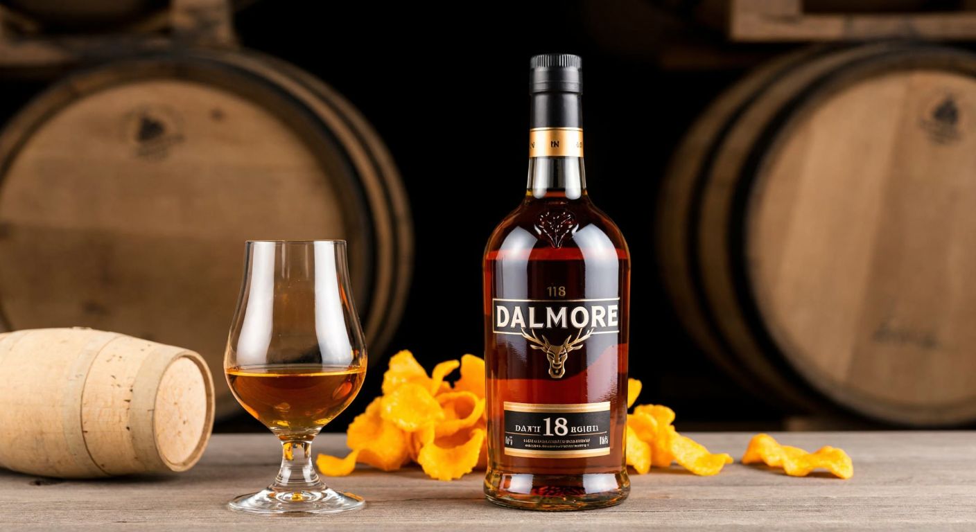 A polished glass of amber Dalmore 18-Year-old whisky rests on a wooden table beside an uncorked bottle, with a backdrop of oak barrels and scattered orange peels, evoking warmth and rich flavor.