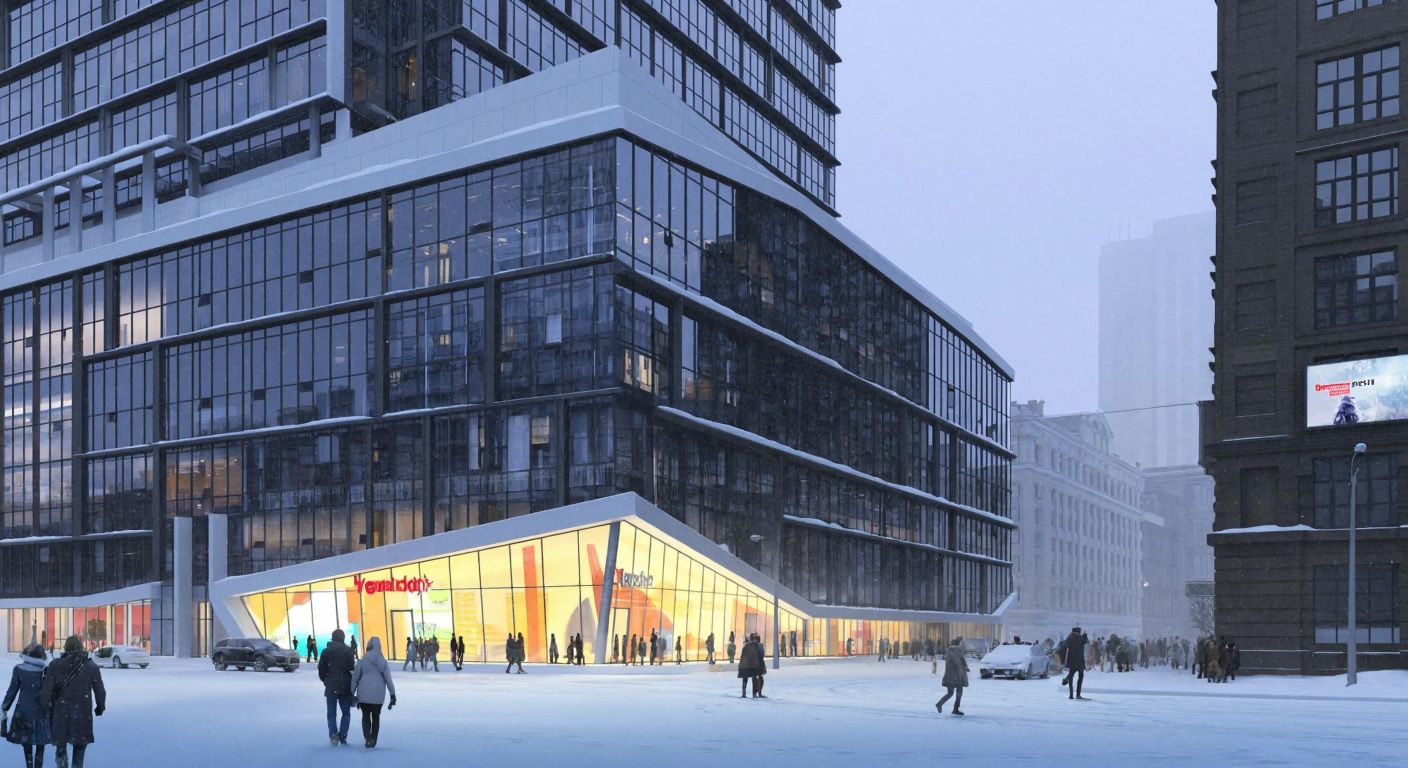 A snowy Russian cityscape with a sleek, modern Yandex office building, surrounded by bundled-up pedestrians and a faint glow of digital billboards in the background.
