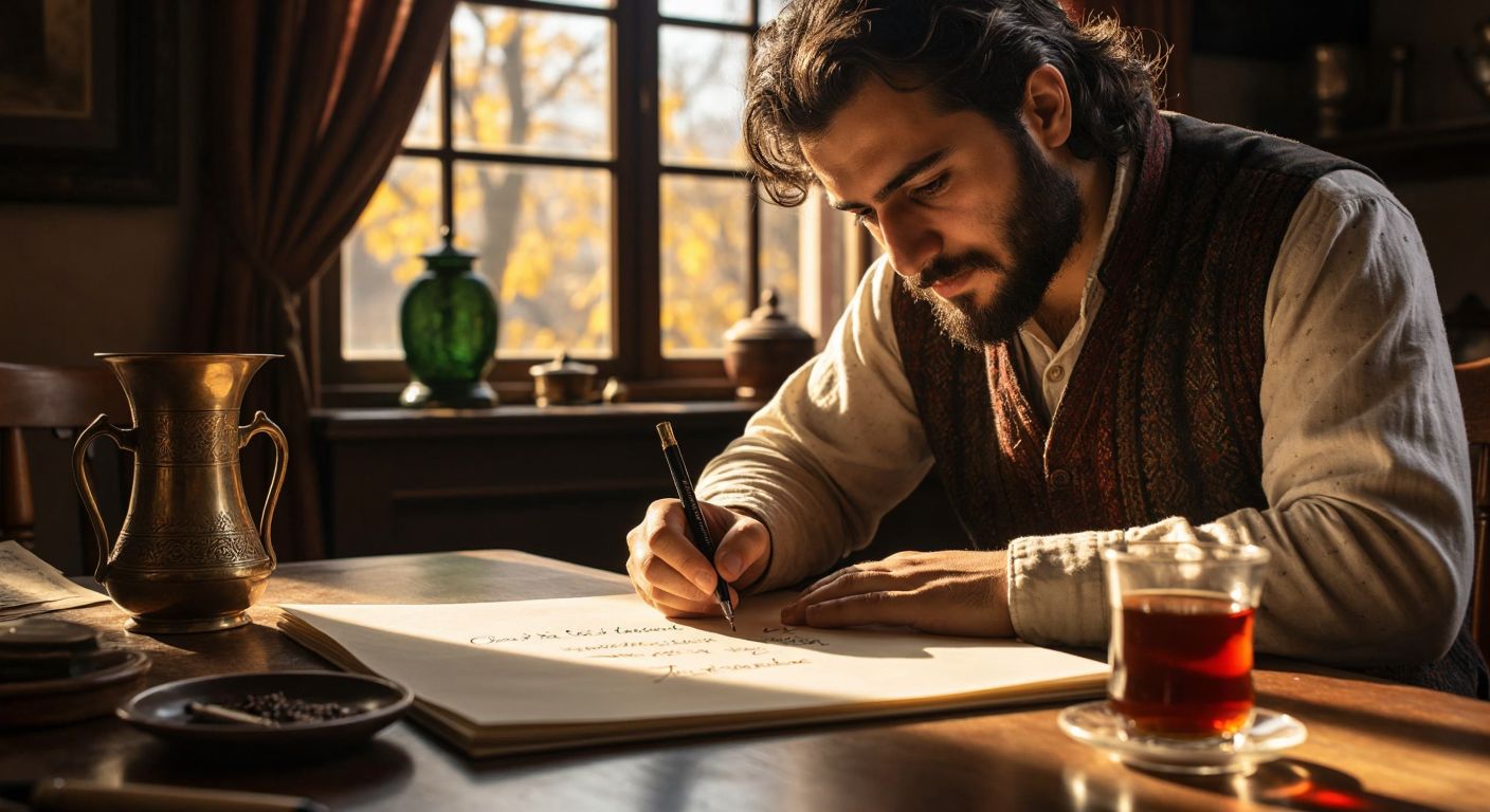 A Turkish person thoughtfully writing a birthdate (e.g., "15.02.1992") on a blank sheet of paper with a traditional fountain pen, surrounded by a warm, sunlit room and a small cup of Turkish tea.