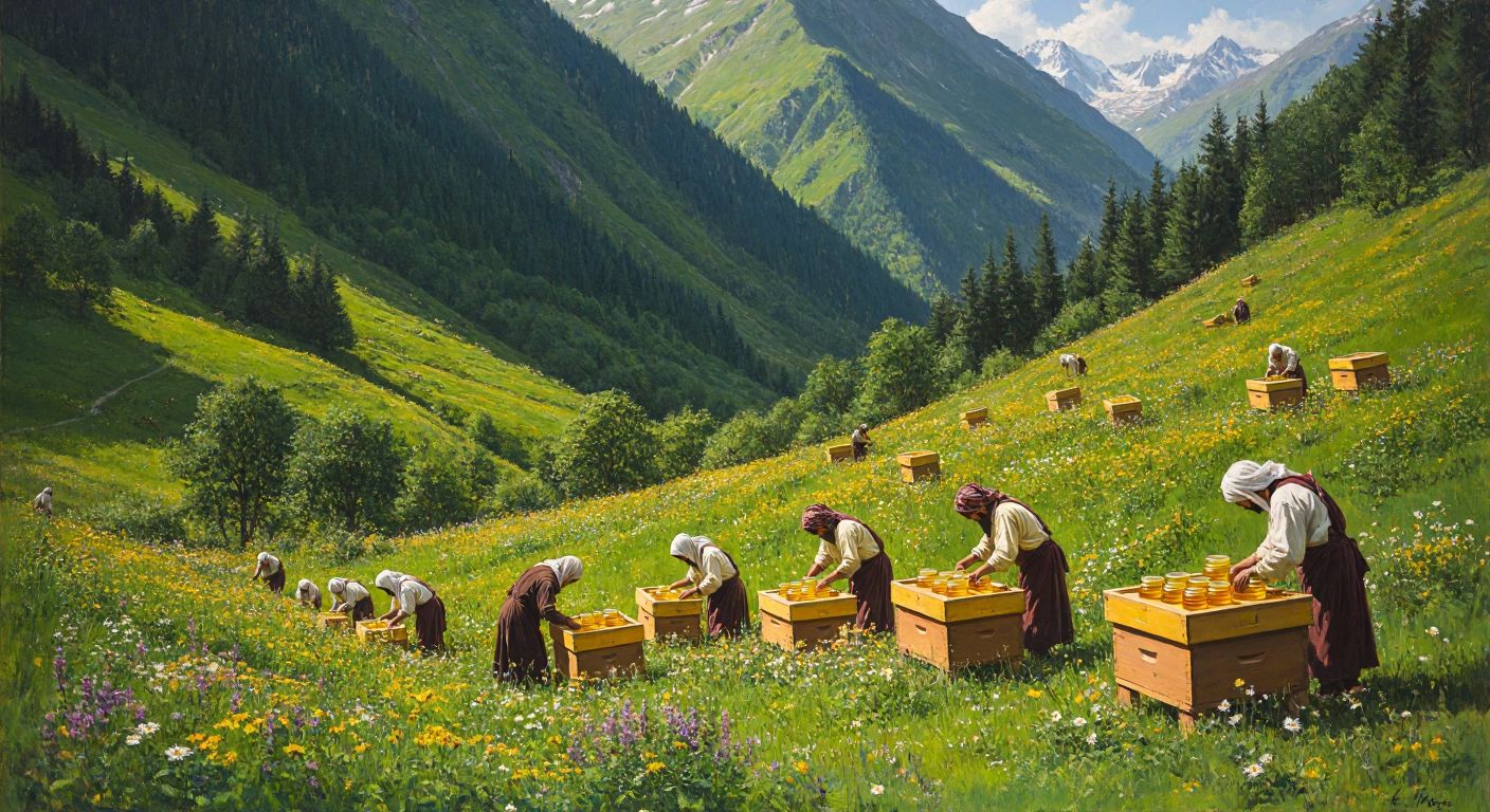 A lush green mountain valley in Rize, Turkey, with beehives scattered among wildflowers, a group of beekeepers in traditional attire tending to them, and golden jars of Anzer honey glowing in the sunlight.