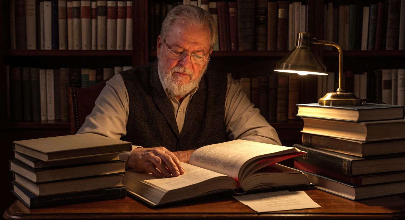 A thoughtful elderly man with a beard, wearing glasses, sits at a wooden desk surrounded by stacks of old books, his hand resting on an open volume with a red bookmark, while a faint glow of a desk lamp casts warm light on his focused expression.