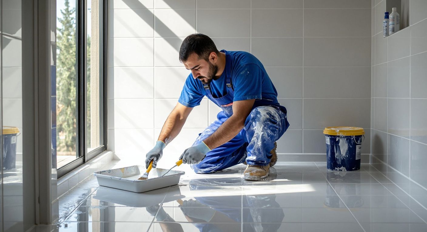 A Turkish worker in a blue overall carefully applies primer to glossy white tiles in a sunlit bathroom, with a paint roller and tray nearby.