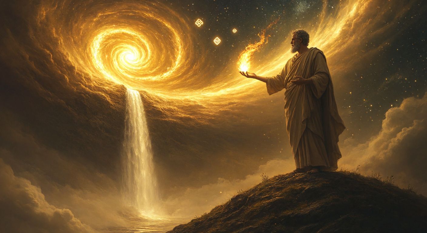 A serene ancient Greek philosopher stands on a sunlit hill, gesturing toward four floating symbols—a flickering flame, a cascading waterfall, a swirling gust of wind, and a mound of fertile soil—while a starry cosmos glimmers faintly in the background.