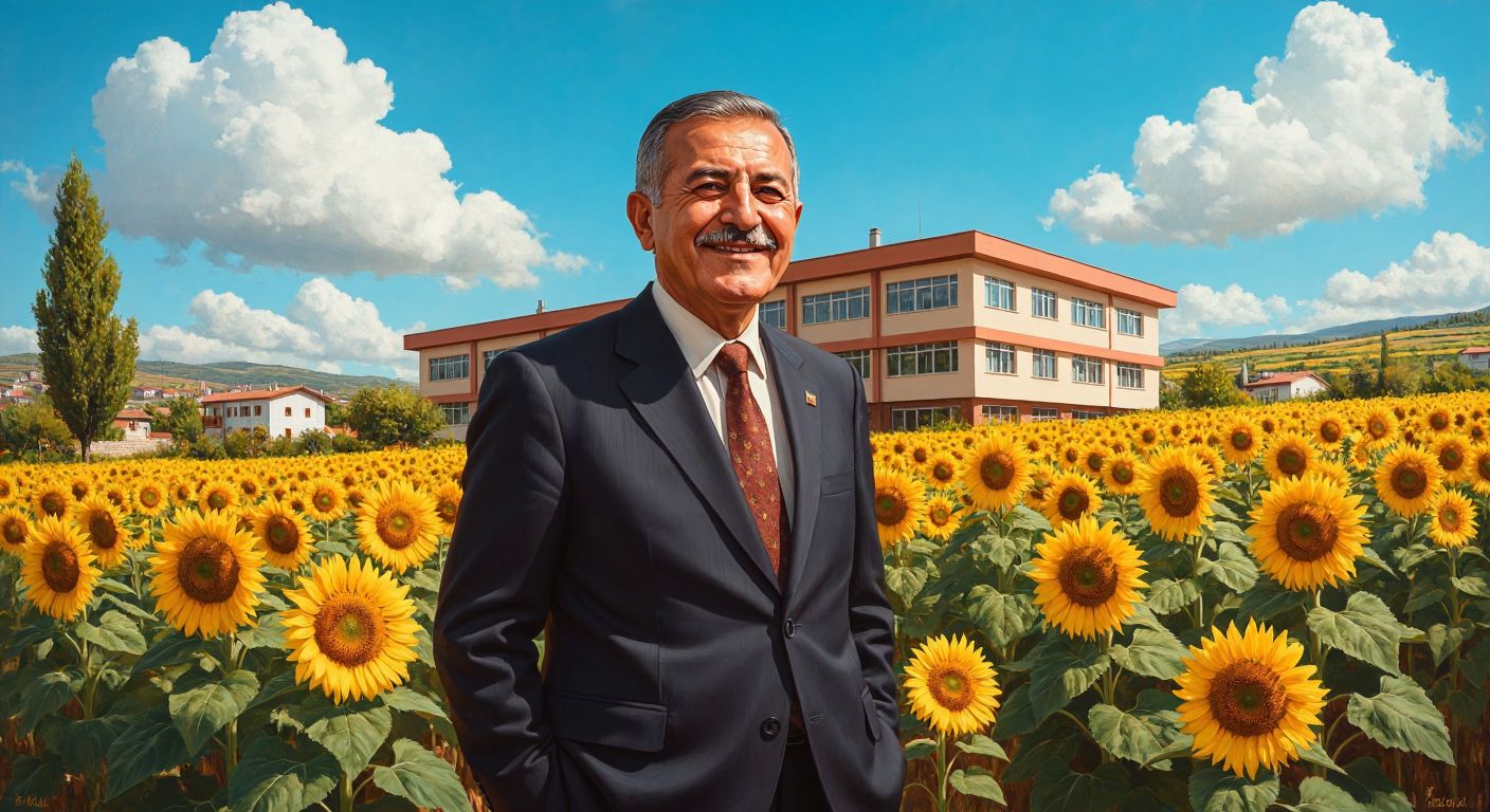 A dignified elderly Turkish man with a warm smile, standing proudly in front of a modern school building in a rural Turkish village, surrounded by blooming sunflowers under a bright blue sky.
