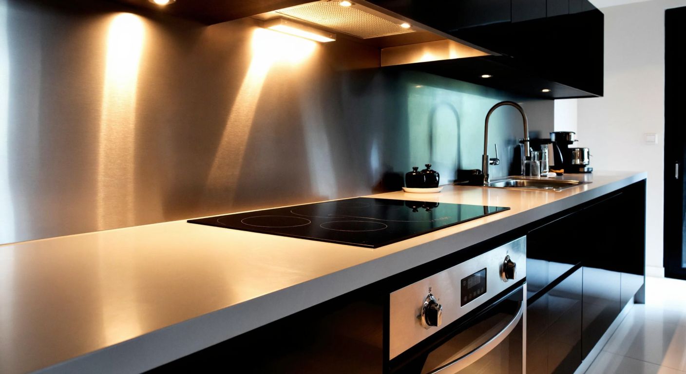 A sleek modern Turkish kitchen with a stainless steel countertop on one side and a glossy glass stovetop on the other, reflecting warm overhead lighting.