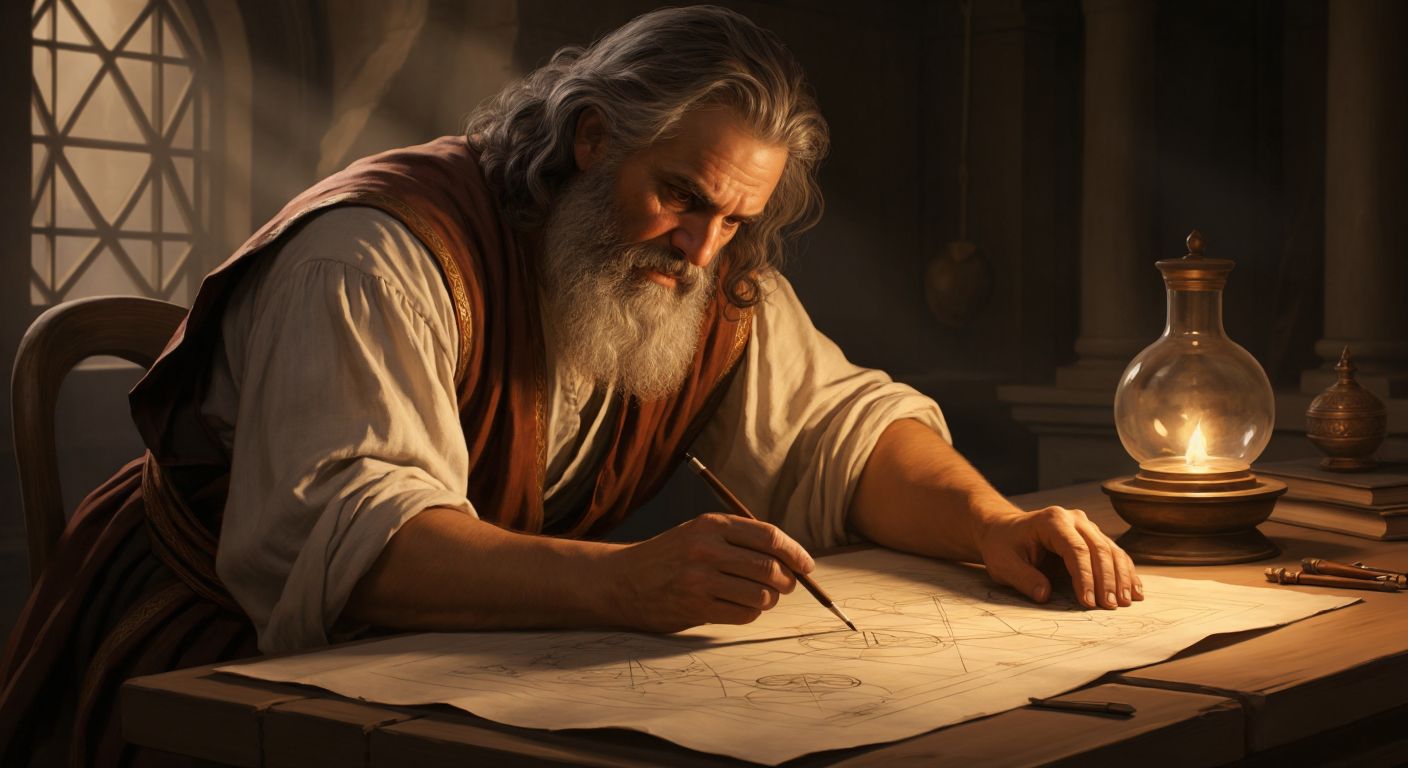 A bearded ancient Greek man, Archimedes, intently drawing geometric shapes with a stylus on a parchment, surrounded by circles and polygons, under the warm glow of an oil lamp.